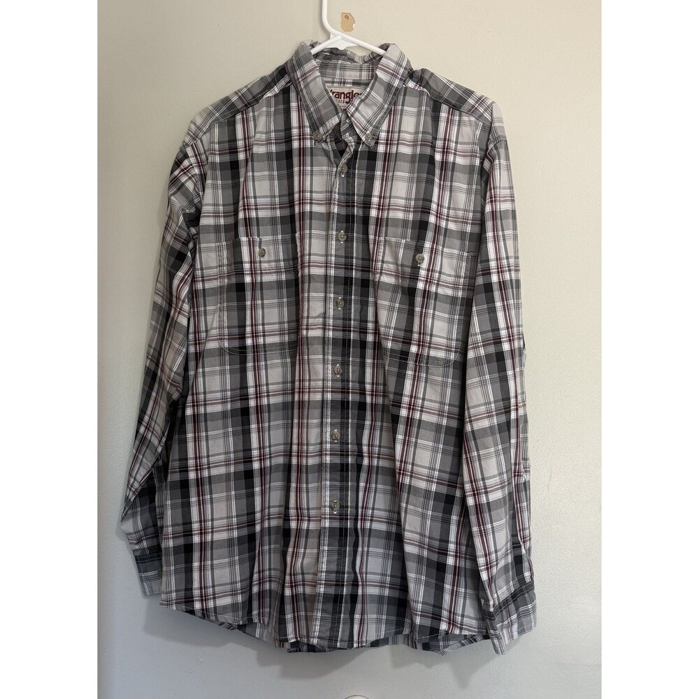 WRANGLER Button Down Long Sleeve Black Plaid Casual Shirt Men's Size L. Rugged